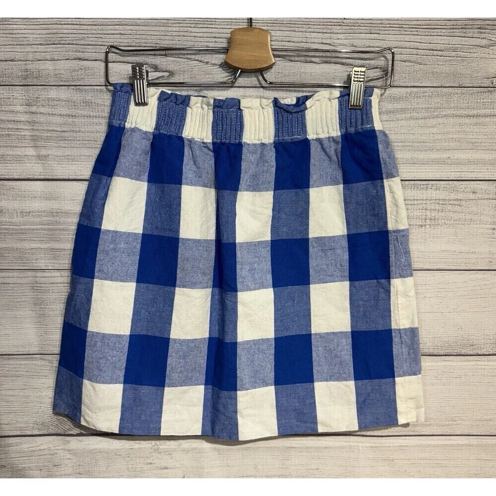 J Crew F. Printed Linen Cotton Sidewalk Mini Skirt SIZE 2 blue white plaid